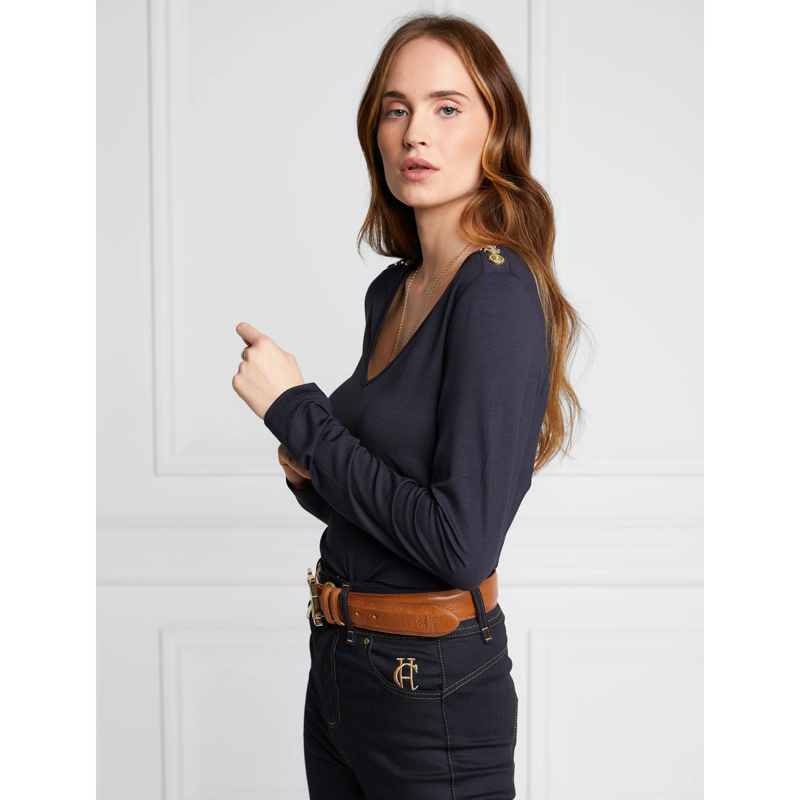 Holland Cooper Long Sleeve Vee Neck Tee - Ink Navy-2